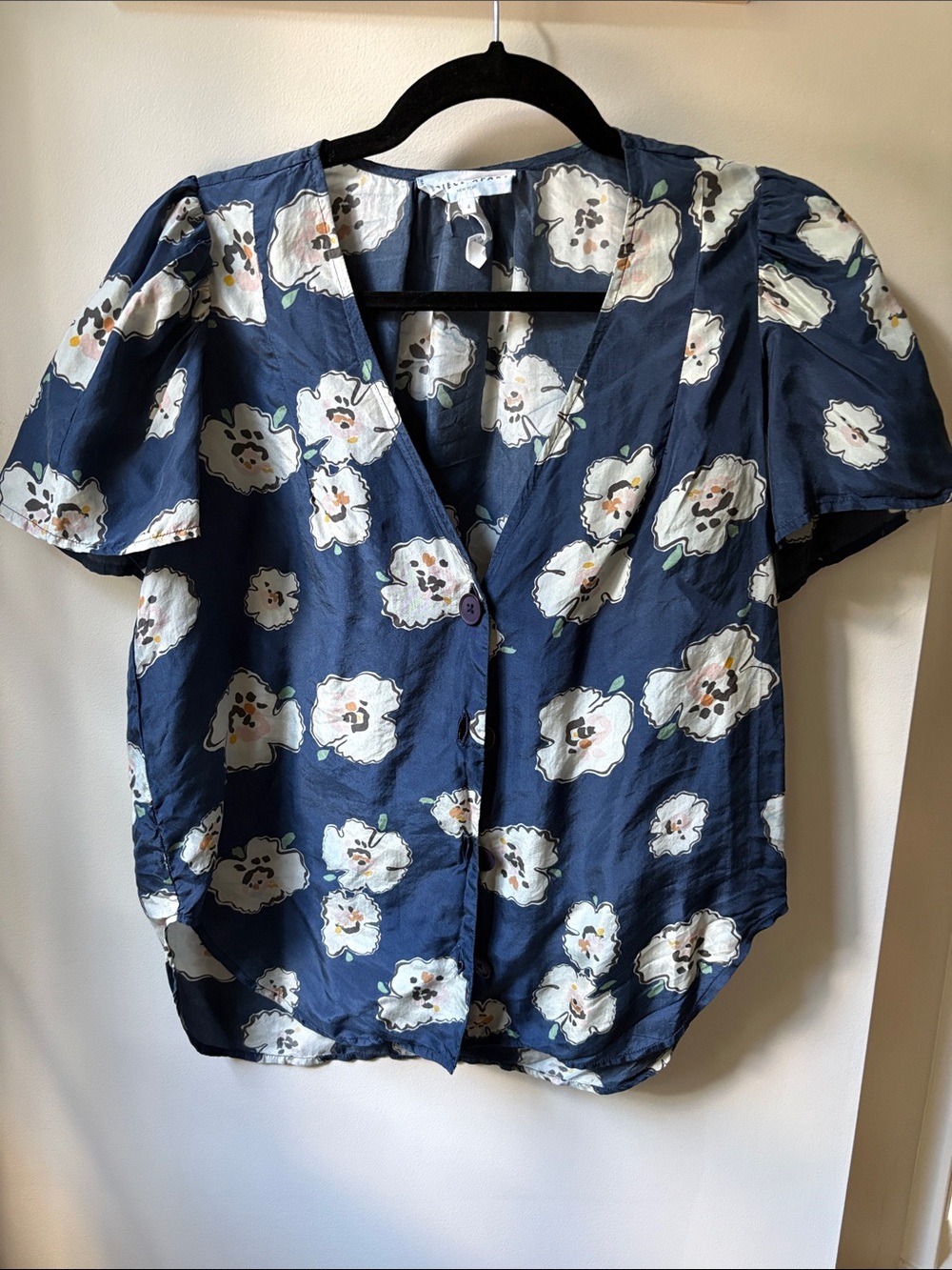 Apiece Apart Navy Floral V-Neck Button Top